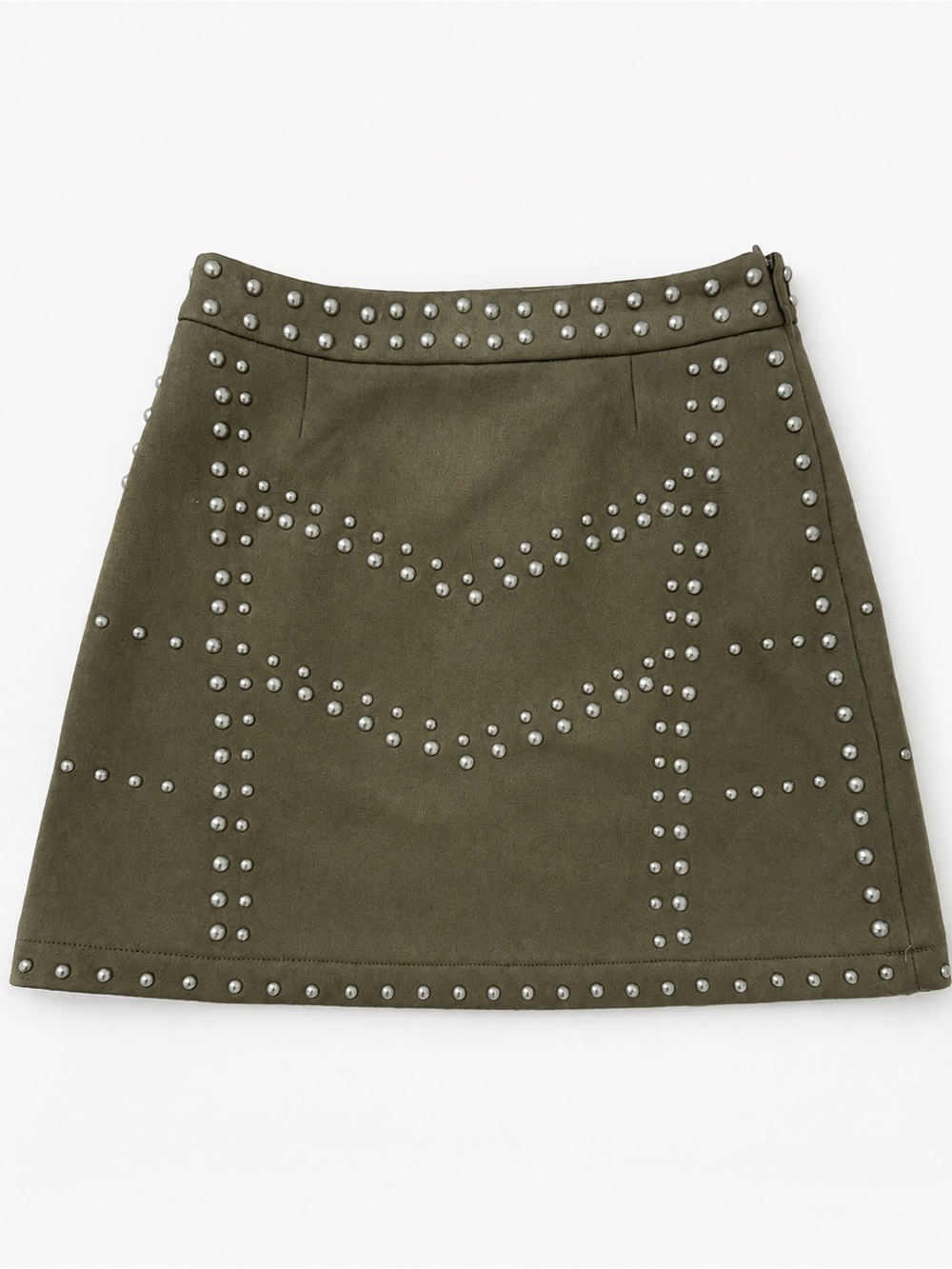 Tobi Jeannette Olive Faux Suede A-Line Mini Skirt Studded Y2K